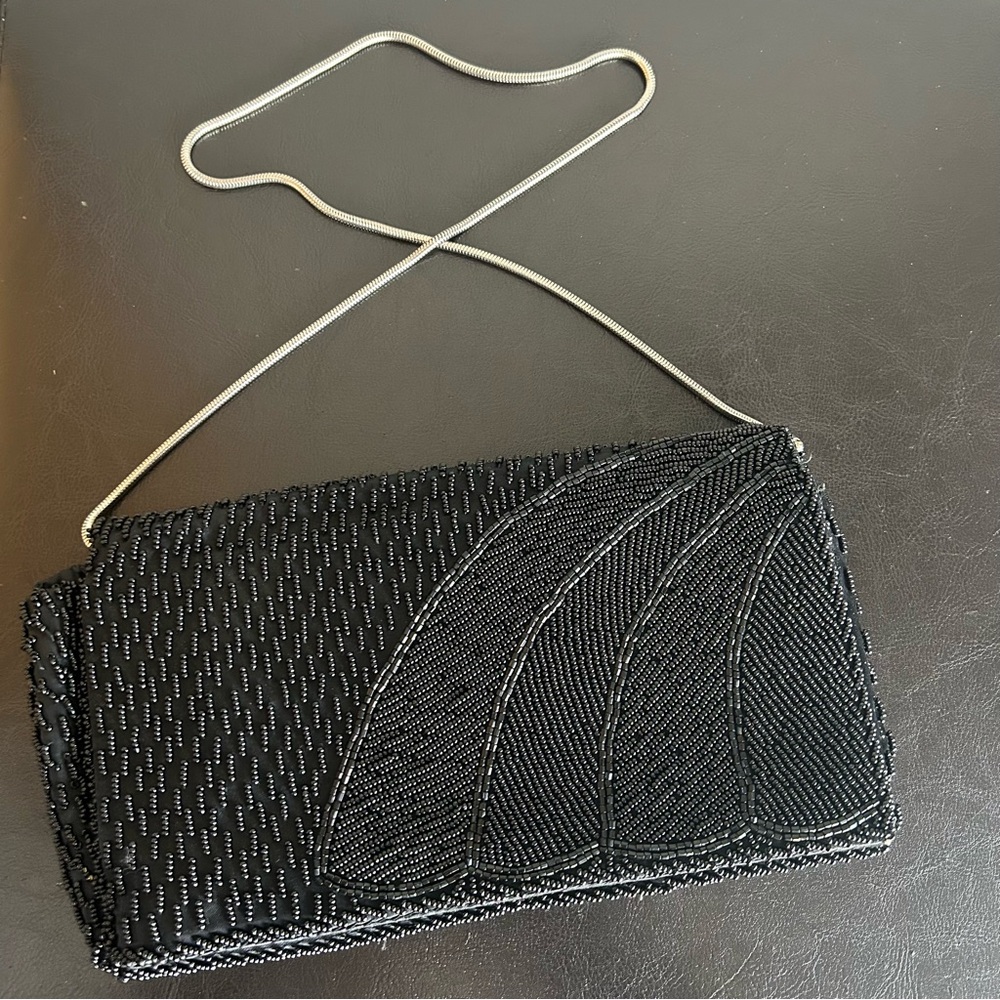 Vintage Black Beaded Evening Clutch with Silver Chain Strap